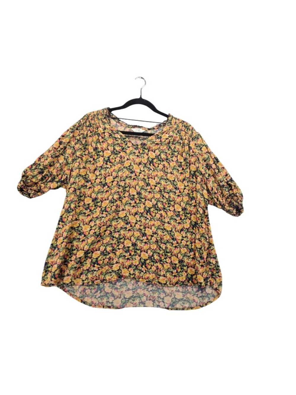 Terra & Sky Top Womens 1X Multicolor Floral Print 3/4 Sleeve Rayon High-Low Hem